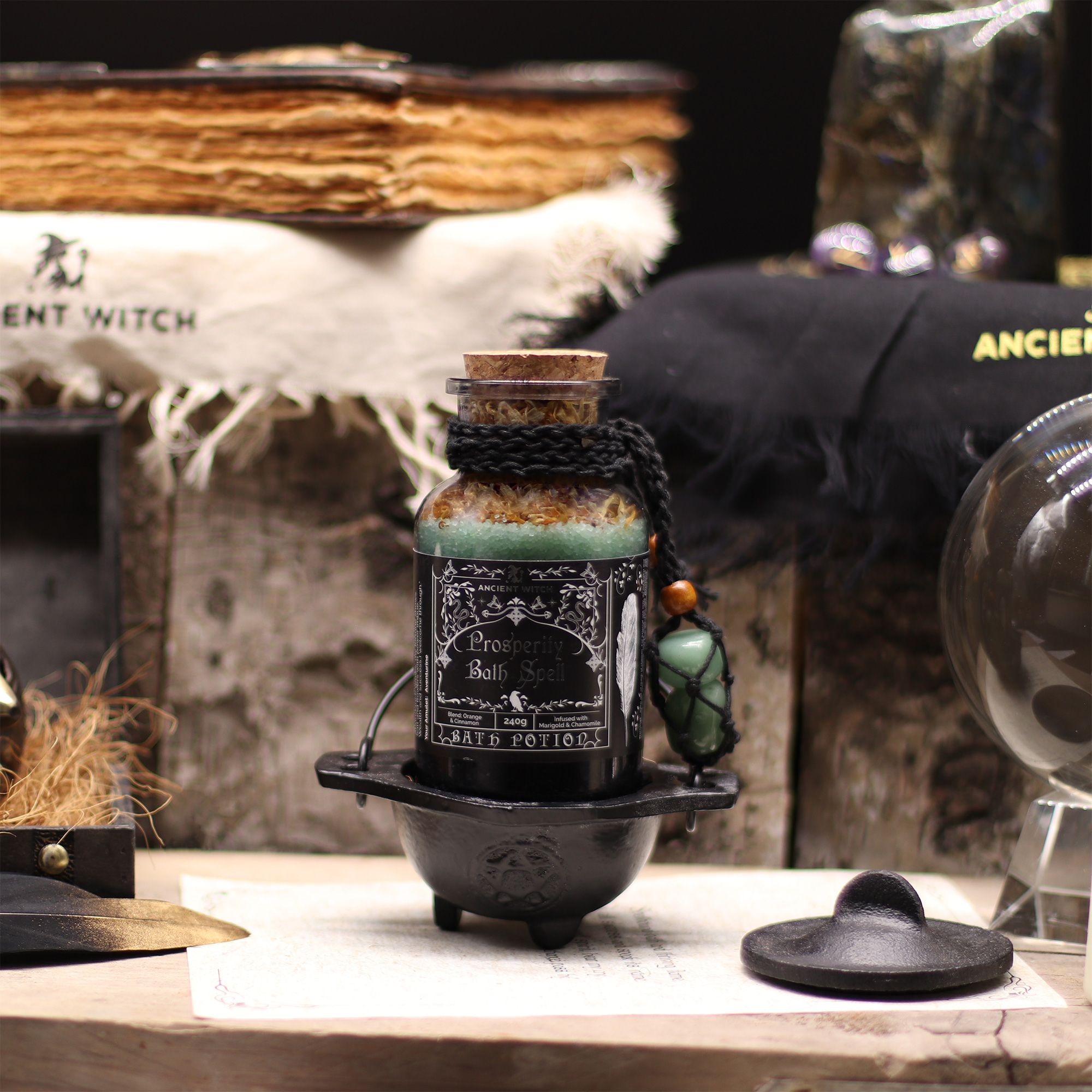 Poción de hechizo de baño de bruja antigua y amuleto de cristal de aventurina - prosperidad