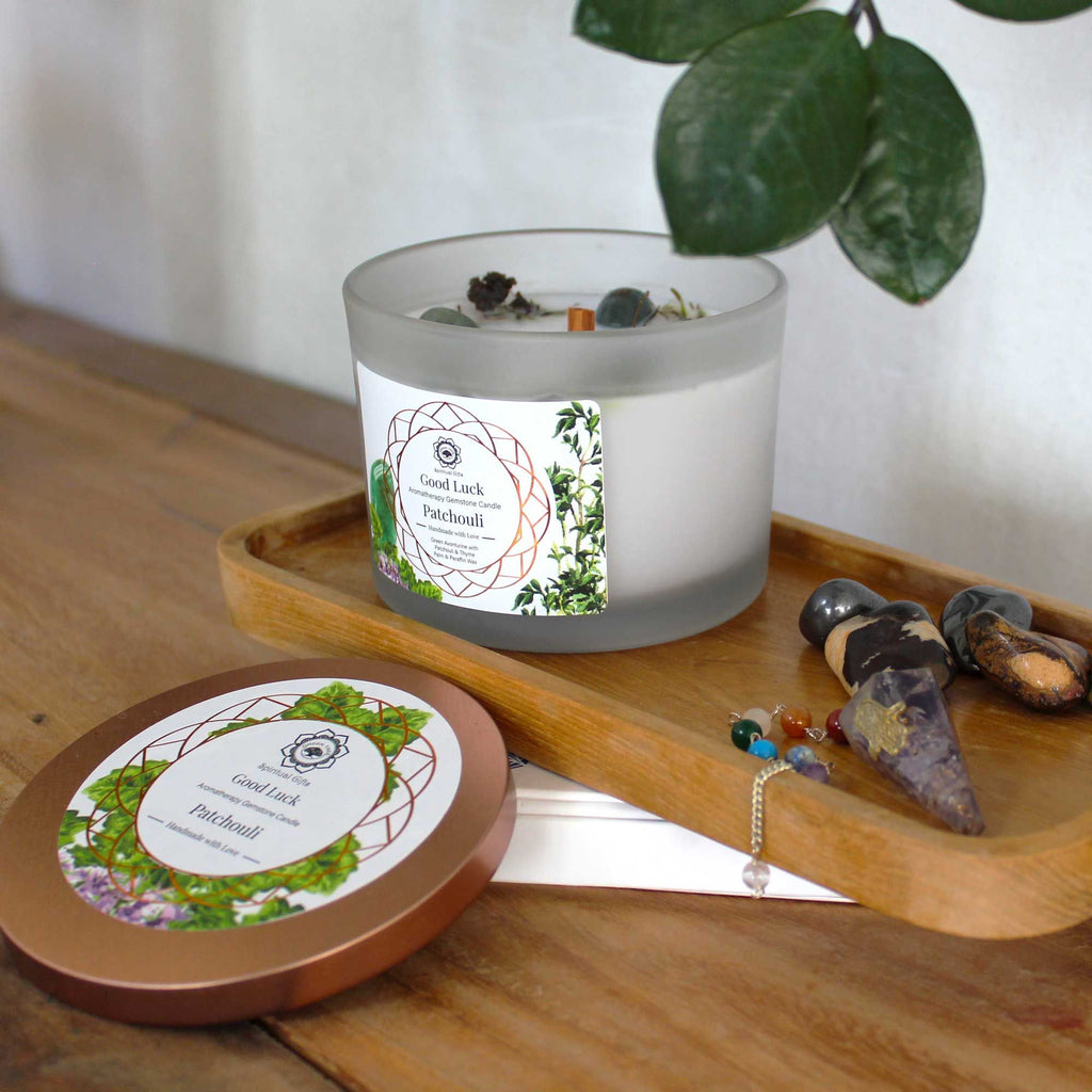 Vela de Pachulí y Piedra preciosa Aventurina Verde - Buena Suerte