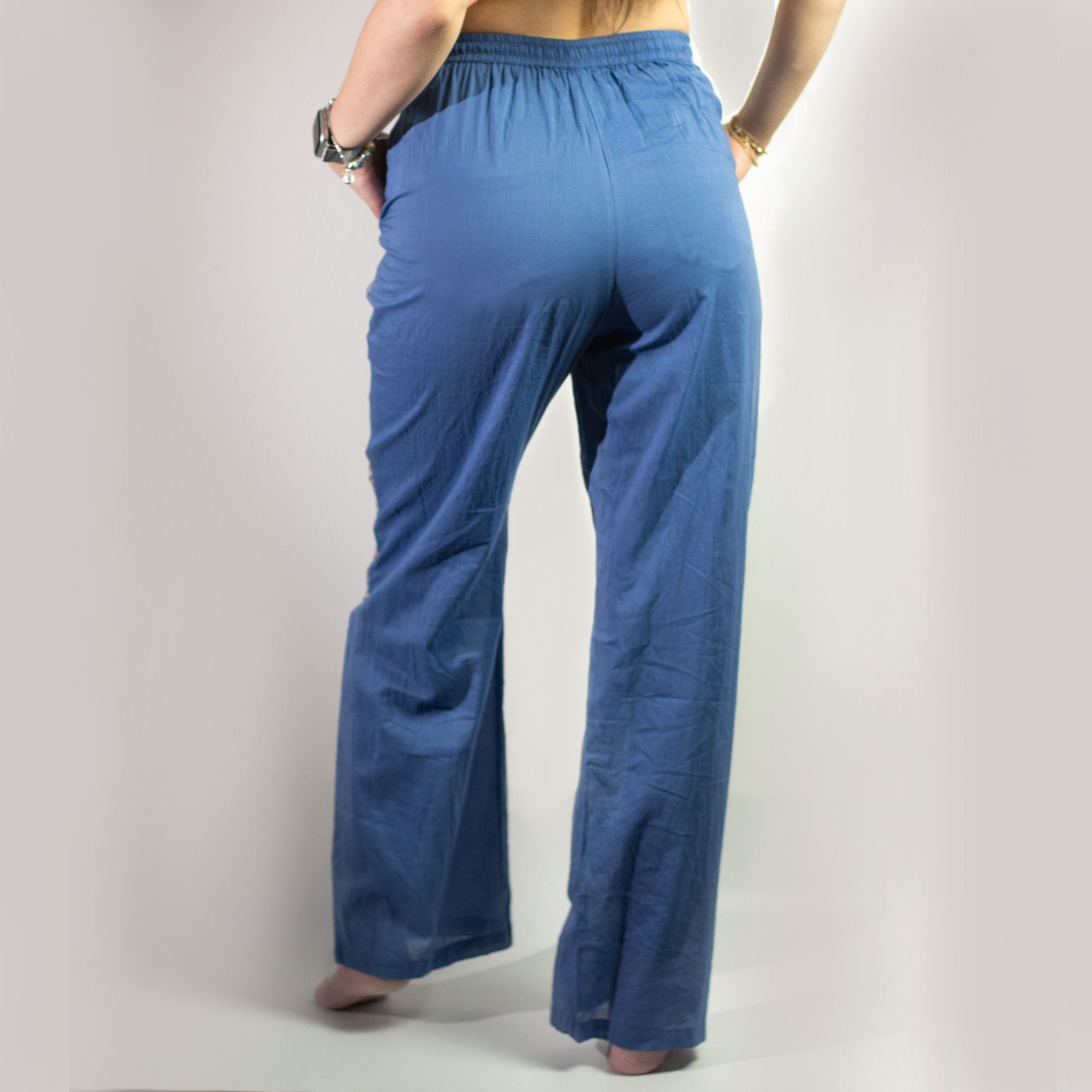 (ML) Colección Nómada Sari Mediterráneo - Pantalones - Diseño del Ojo Maligno en Azul Rico y Oro
